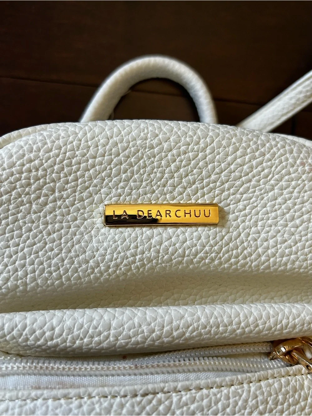 White Faux Leather Pebbled Mini Backpack with Gold Accents